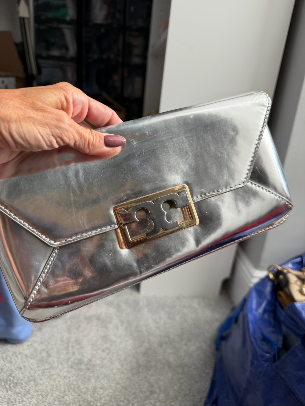 Tory Burch Metallic Silver Envelope Clutch with Gold Logo Turn-Lock